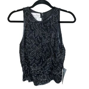 Laurence Kazar Hand Beaded Silk Floral Tank Black Sleeveless Vintage Size M
